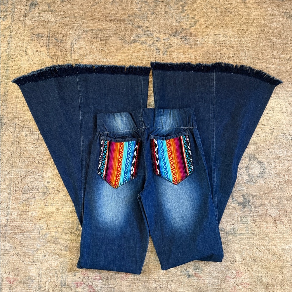 Judith March NWOT Ultra Flare Blue Jeans with Colorful Weaving Accents